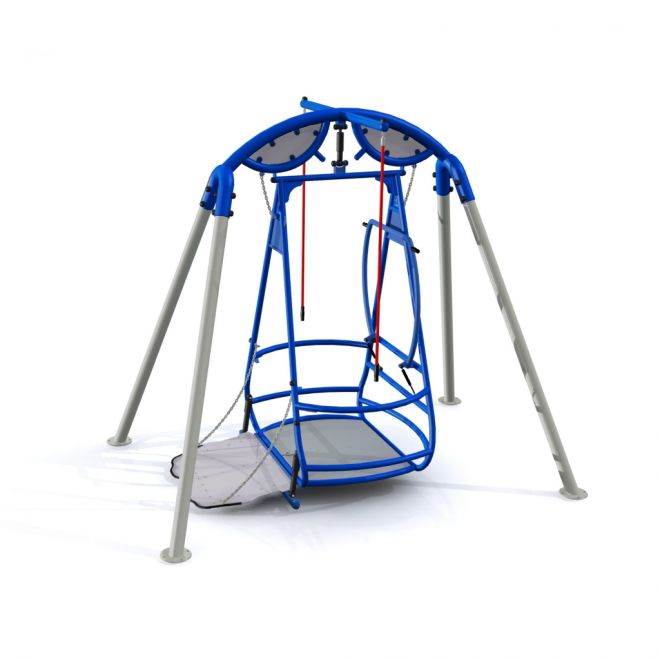 Rollstuhl-Schaukel mit blauer Metallkonstruktion und grauer Sitzfläche für inklusives Spielen.