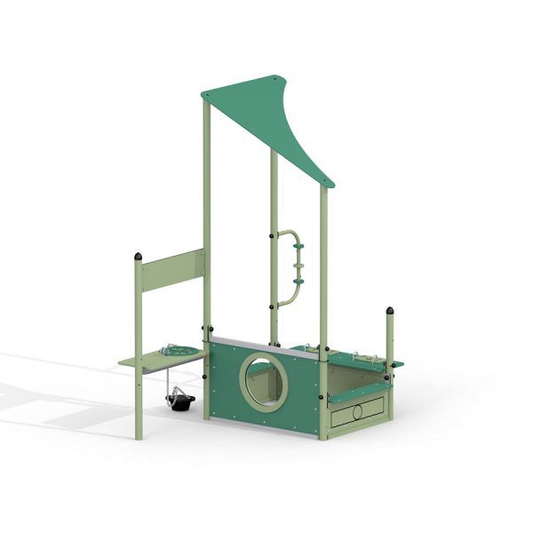 Saturn Sandkasten mit grünem Sonnensegel und Spielutensilien für den Spielplatz.