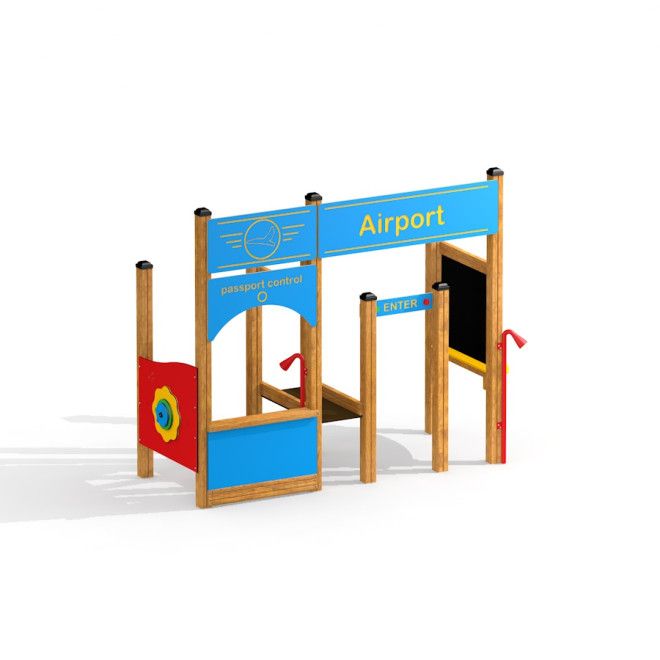 Flughafen Spielhaus als farbiges Kinderspielgerät mit Holzrahmen und Flughafen-Motiven.