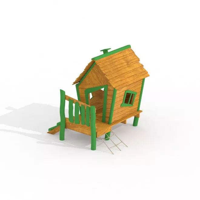 Brittas Spielhaus Spielplatzhaus aus Holz mit grünem Rahmen und Kletterseil.