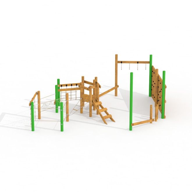 Spillikins Klettergerüst Spielplatz-Kletteranlage aus Holz mit grünen Pfosten und verschiedenen Klet