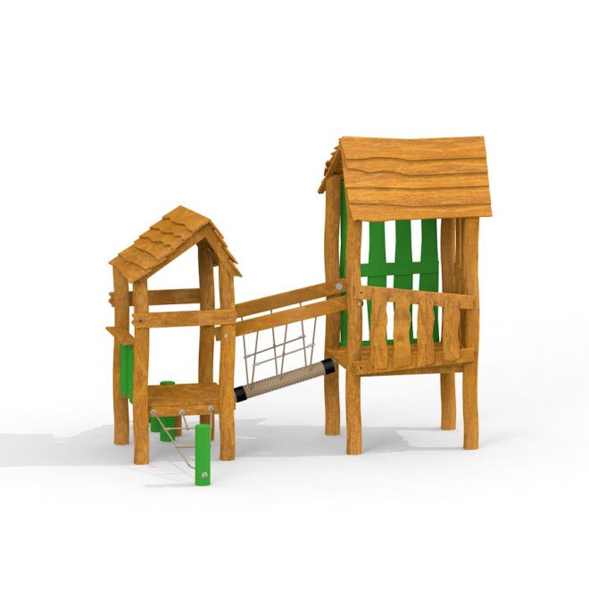 Omas Spielhaus aus Holz mit Brücke und Kletterelementen für Spielplatz.