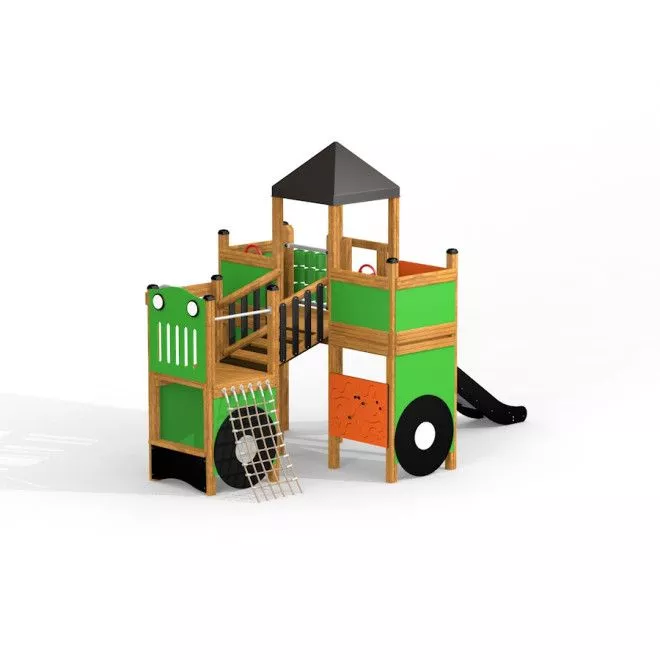 Großer Traktor Spielhaus mit Rutsche, Kinderspielplatzmodule aus Holz und Kunststoff, grün-schwarz, 