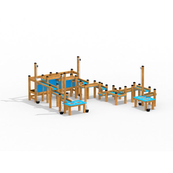 Sand & Wasserspielanlagen III Holz-Spielplatz mit Wasser- und Sandspielbereichen.