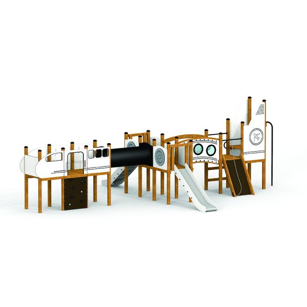 Flugzeug Klettergerüst mit Rutsche aus Holz und Metall für Spielplatz, mit Kletterwand und zwei Ruts