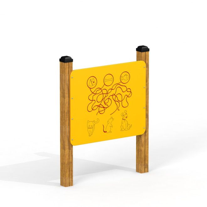 Finde den Weg Spieltafel mit Holzpfosten und gelber Spielfläche für Kinder auf Spielplatz.
