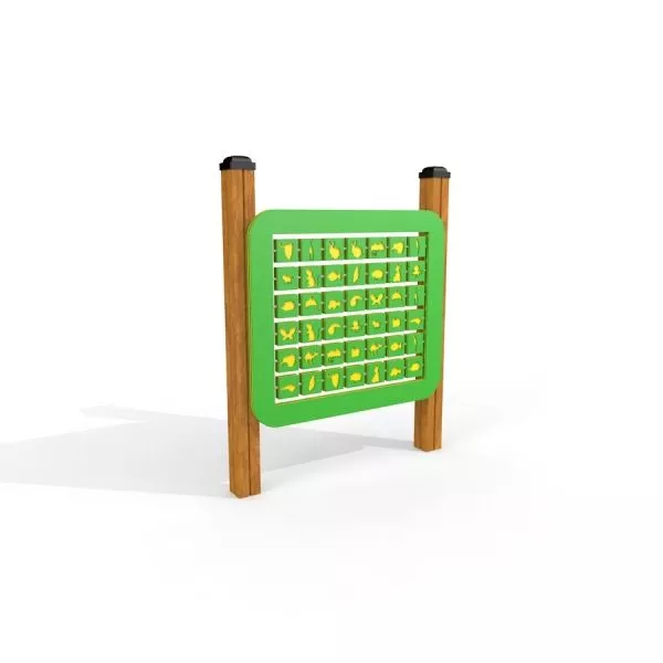 Finde Paare Spieltafel mit gelben Symbolen auf grünem Hintergrund und Holzpfosten für Spielplatz.
