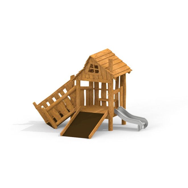 Tambora Spielhaus mit Rutsche aus Holz mit Kletterrampe und Metallrutsche.