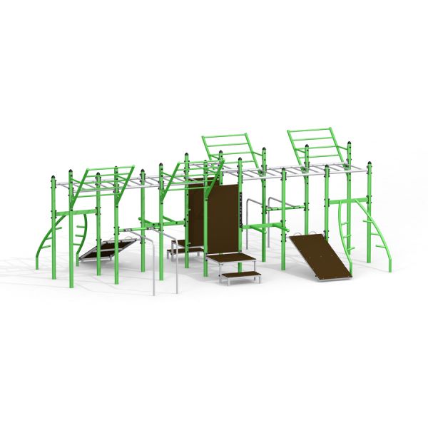 Grandis Trainingsgeräte Kletter- und Trainingsanlage für Spielplatz mit grünen Metallrahmen und brau