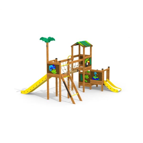 Dschungelbrücke Spielturm mit Rutschen aus Holz mit gelben Folienrutschen und Kletterelementen