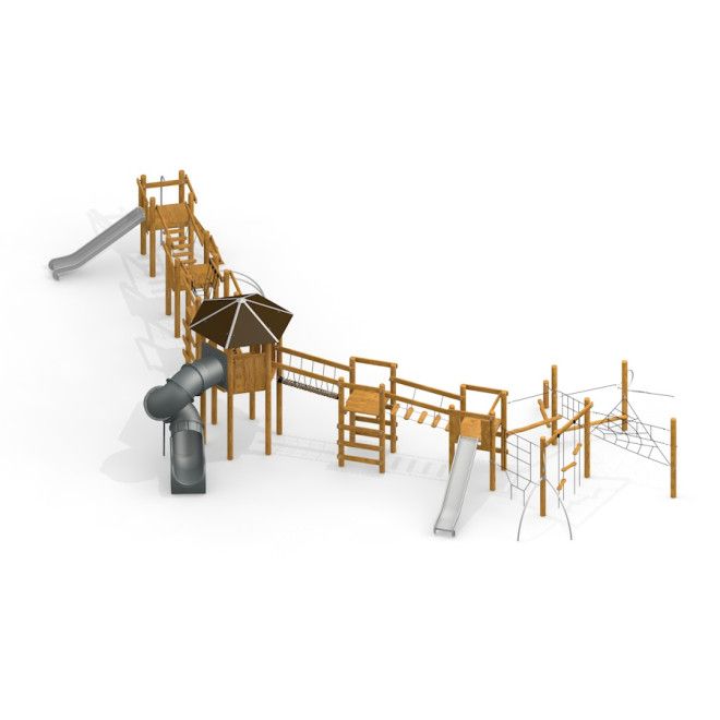 Khumbu Spielanlage mit Spielturm und Rutschen, Holzstruktur mit Kletterelementen und zwei unterschie