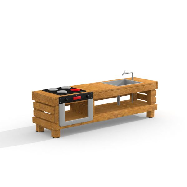 Küchentisch aus Holz mit Herd und Spüle für Spielplatzküche