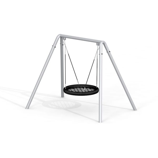 Silbere Nestschaukel BNS 120 cm mit schwarzem Sitz und silbernem Metallgestell für Spielplatz.