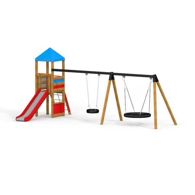 Logo Spielturm mit Vogelnestschaukel (BNS 120 cm) mit Rutschbahn und zwei Schaukeln aus Holz und Met