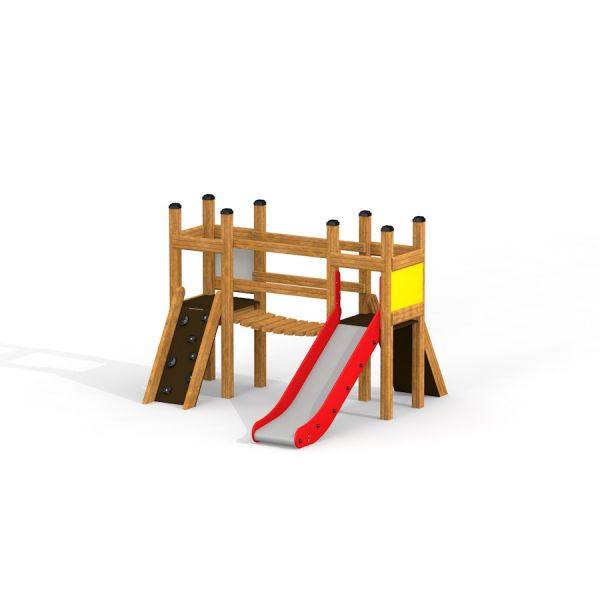 Kinderspielplatz mit Knirps II Turm mit Rutsche aus Holz und Kletterwand