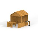 Spielhaus mit Zaun und Matschtisch