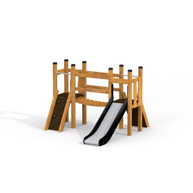 Knirps II Spielturm mit Rutsche aus Holz mit Kletterwand und Hängebrücke.
