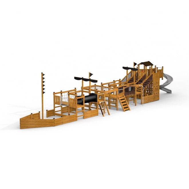 König Spielschiff mit Spiralrutsche aus Holz mit Kletterelementen und Rutschbahn für Spielplatz.