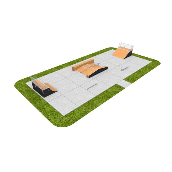 Skate Park 10 mit verschiedenen Rampen und Rails auf betonierter Fläche in Grünfläche.