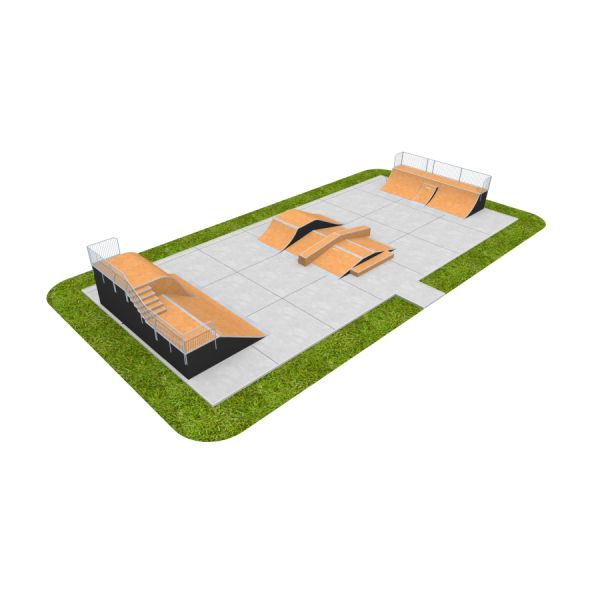 Skate Park 12 mit Rampen und Treppen für Skateboarding im Freien.