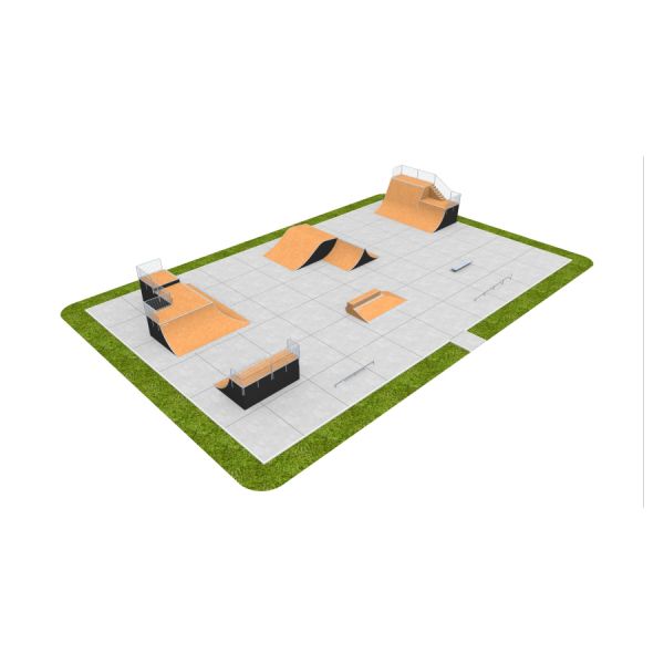 Skate Park 13 mit diversen Rampen und Rails für Skateboard und BMX, übersichtliches Layout auf Beton