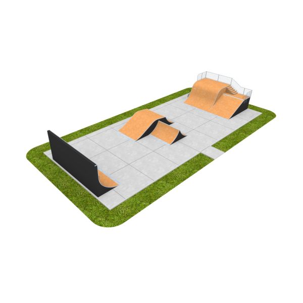 Skate Park 14 mit drei Rampen auf Betonfläche, umgeben von Gras, für Skateboard- und BMX-Fahrer.