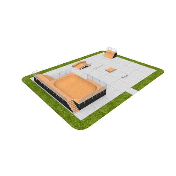 Moderne Skate Park 15 Aussengrind mit verschiedenen Rampen und Hindernissen für Skateboardfahrer.