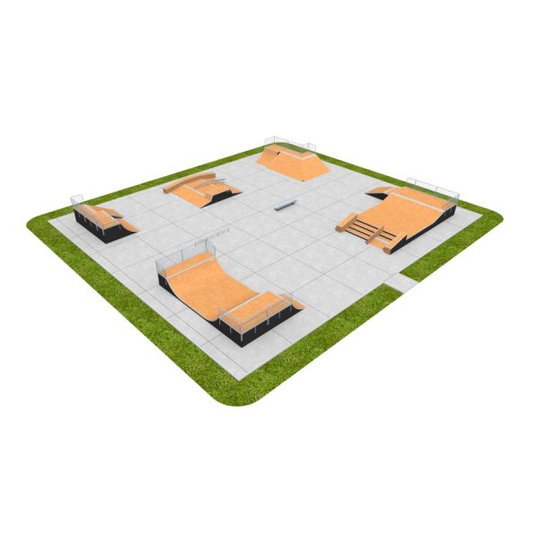 Skate Park 16 mit verschiedenen Skate-Elementen auf gepflastertem Untergrund und grünem Rand.