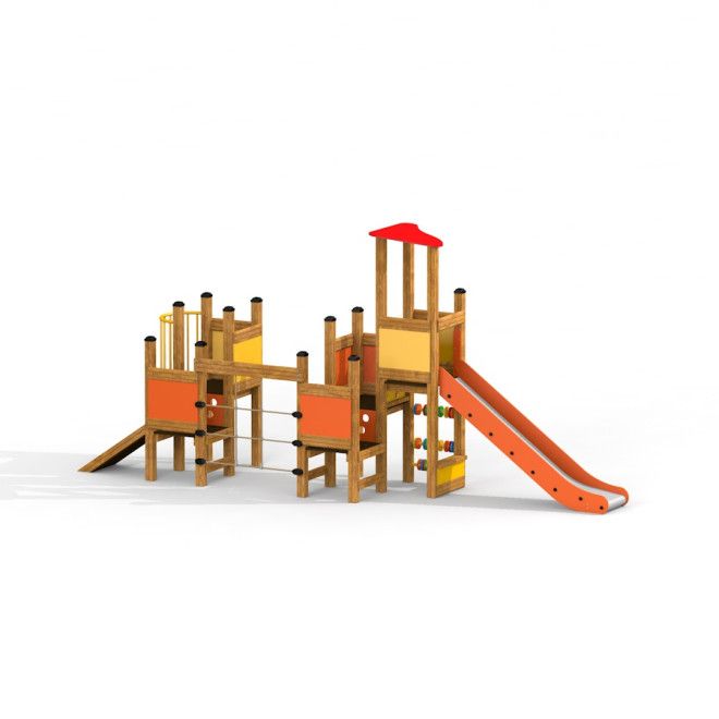 Spielturm mit Rutsche und Kletterelementen aus Holz für Spielplatz.