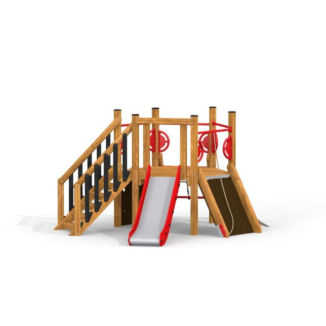 Sechseck-Spielturm mit Treppe, Rutsche und Kletterwand aus Holz und roten Elementen für den Spielpla