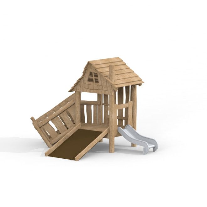 Tambora Spielhaus mit Rutsche Eco aus Holz mit Rampe und Kletterwand für Spielplätze