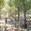 Spielplatz mit Elbrus Spielturm mit Rutsche Eco aus Holz und mehreren spielenden Kindern.