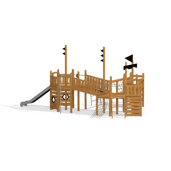 Holzspielgerät Grosses Schiff Uvala mit Rutsche und Kletterelementen für den Spielplatz.