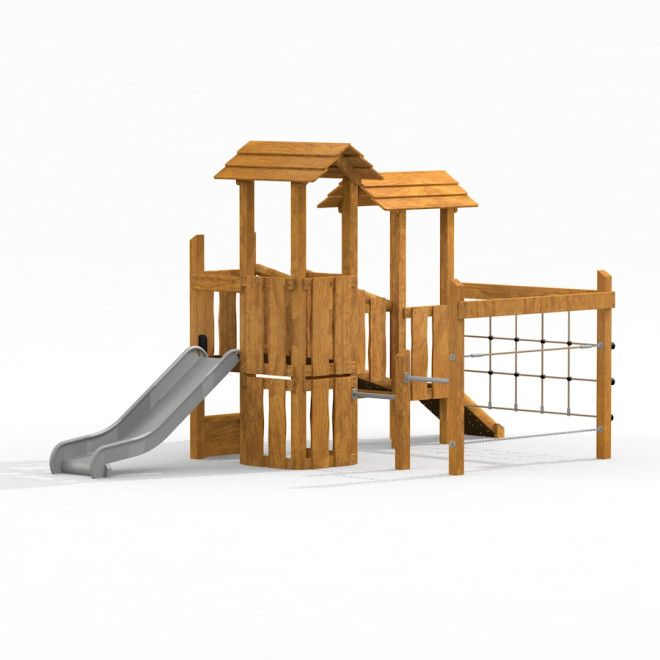 Spielturm mit Klettergerüst und Rutsche Uvala aus Holz für Kinderspielplatz