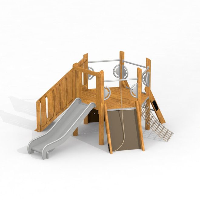 Sechseck-Spielturm mit Treppe, Rutsche und Kletternetz aus Holz für Spielplätze