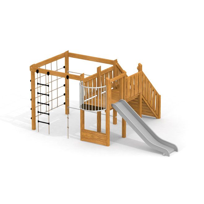 Kiosk mit Lehrtafeln und Rutsche Spielplatzgerät aus Holz mit Kletterelementen und Rutschbahn.