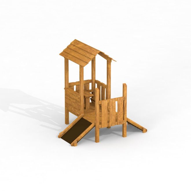 Buntes Spielhaus Uvala aus Holz mit kleiner Rampe und Geländer für den Spielplatz.