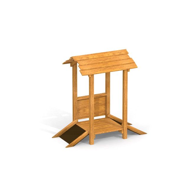 Sandspielhäuschen Uvala aus Holz mit kleinem Dach und zwei Rampen für Spielplatz.