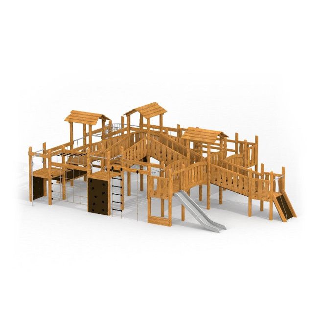 Windsor slot med rutsjebane Spielplatz aus Holz mit Rutschen und Kletterelementen.