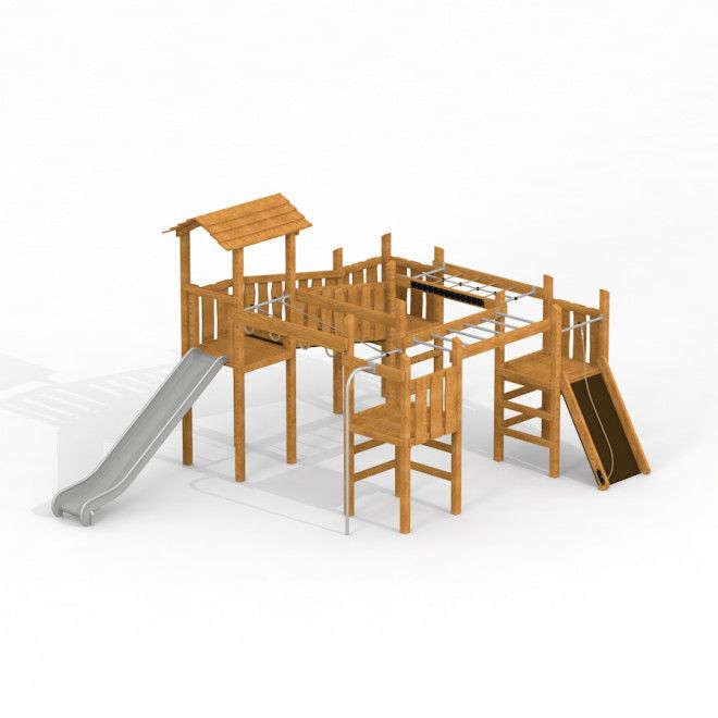 Spielanlage Herausforderung mit Rutsche Uvala aus Holz mit Klettergerüst und Metallrutsche für Spiel