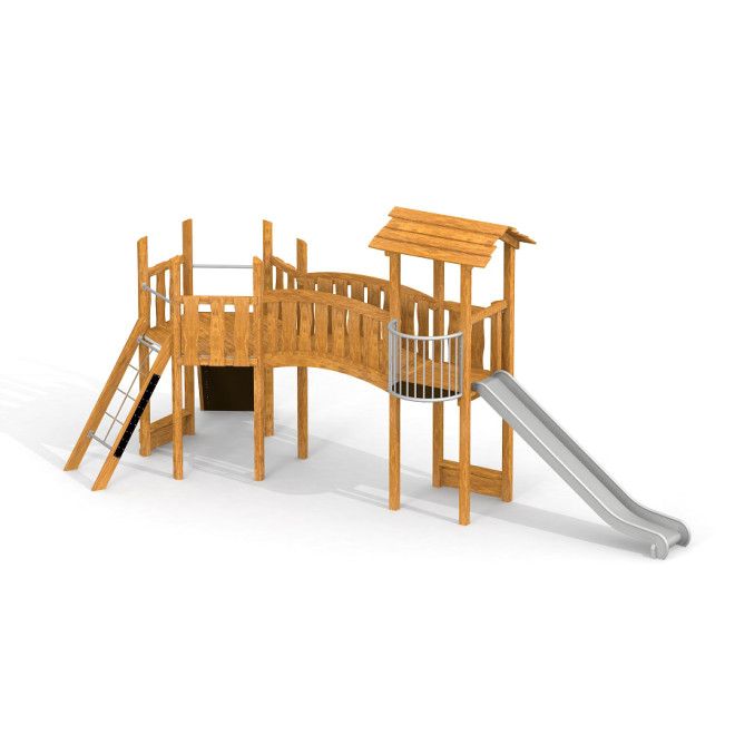 Holzspielplatzgerät Hexaplay Uvala II mit Rutsche und Kletterleiter