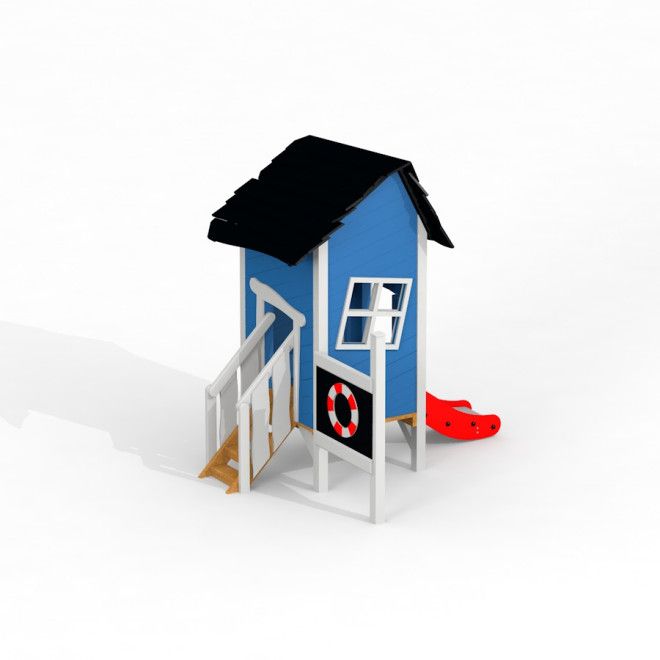 Lenas Spielhaus mit Rutsche, blaues Kinderspielhaus mit Treppe und roter Rutsche, Spielplatzgerät fü