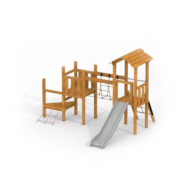 Spielturm Triangle mit Rutsche Uvala aus Holz mit Metallrutsche und Kletterelementen für Spielplatz