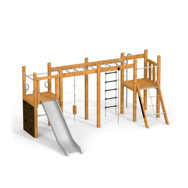 Spielanlage Zebra mit Rutsche Uvala aus Holz mit Kletternetz, Kletterwand und Metallrutsche für Spie