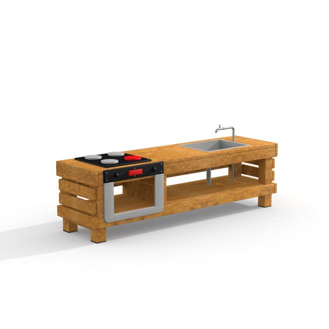 Sandspieltisch Küche Uvala aus Holz mit Ofen und Waschbecken für Kinder zum Spielen.
