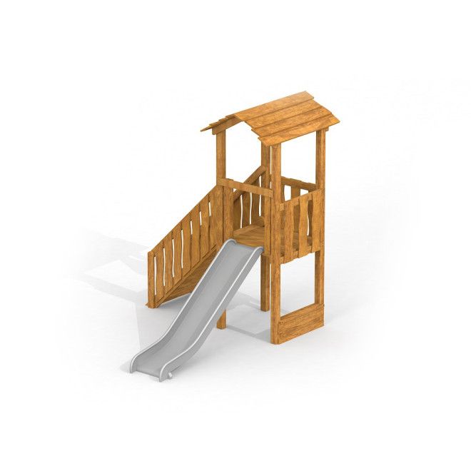 Spielturm Logo mit Rutsche Uvala aus Holz mit Rutsche für Kinder.