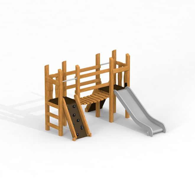 Spielkombination Miniplay Uvala mit Rutsche und Kletterwand aus Holzpielplatzgerät.