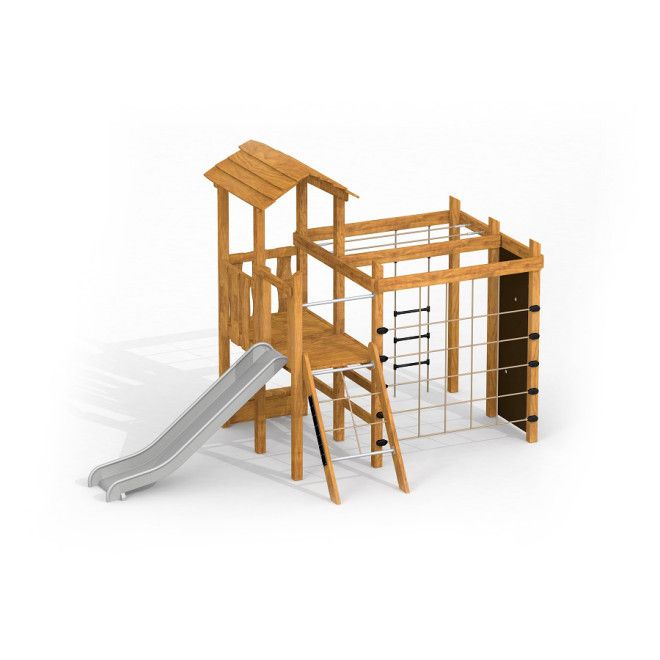 Spielanlage Kletterkiosk mit Rutsche Uvala aus Holz mit Klettergerüst und Rutschbahn für Spielplatz