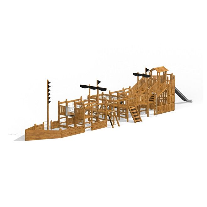Spielschiff König mit Spiralrutsche Uvala aus Holz für den Spielplatz mit Rutsche und Kletterelement