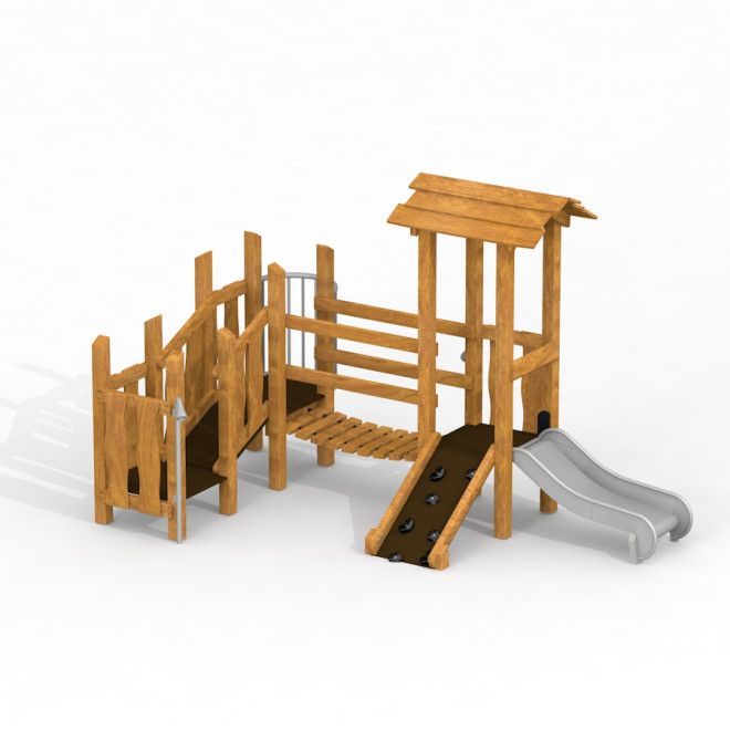 Spielturm Smart mit Rutsche Uvala aus Holz mit Kletterwand und Hängebrücke